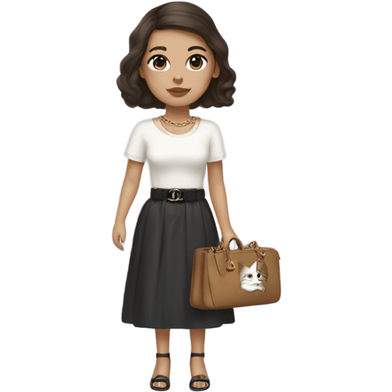 Brunette aisan girl with a blowout hairstyle, has pale skin, with birkin bag Chanel necklace carrying a cat emoji