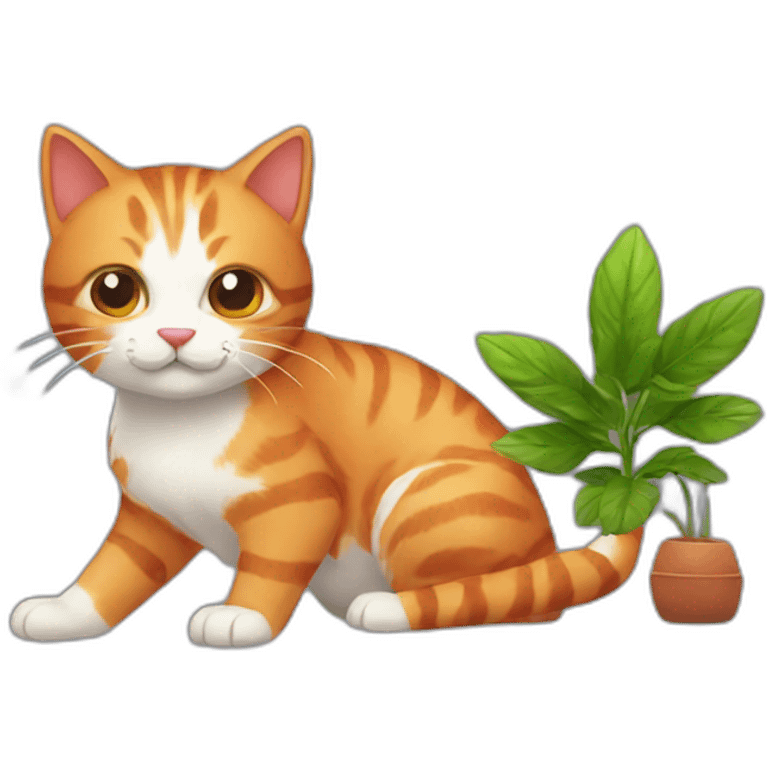 Red haired cat playing with plant emoji