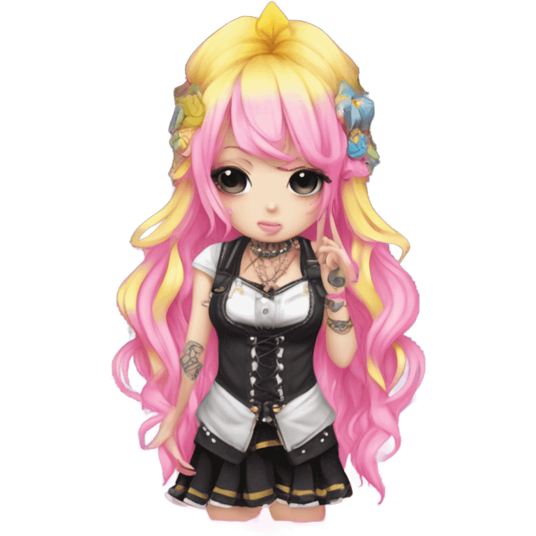 Blue eyed long eye lashes pout blonde and pink hair pale hime gyaru girl, hot pink and yellow split-dyed hair, nose ring, elf ears, dark makeup, punk clothes standing next to three diffrent men praying on their knees emoji