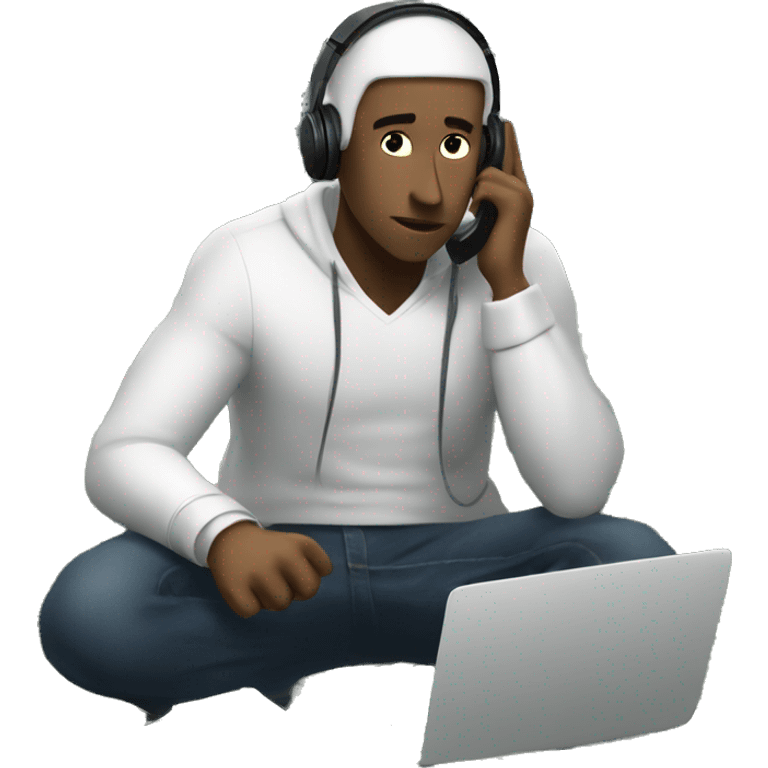 a white man, tired, is sitting at a laptop and talking on the phone, there is a bundle of money next to him, headphones on his head

 emoji