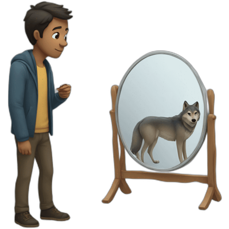 Picture of a man looking at a mirror and seeing a wolf emoji