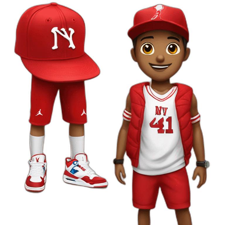 Morocho boy in red attire with a red NY cap red and Jordan Retro 4 red🌟. emoji