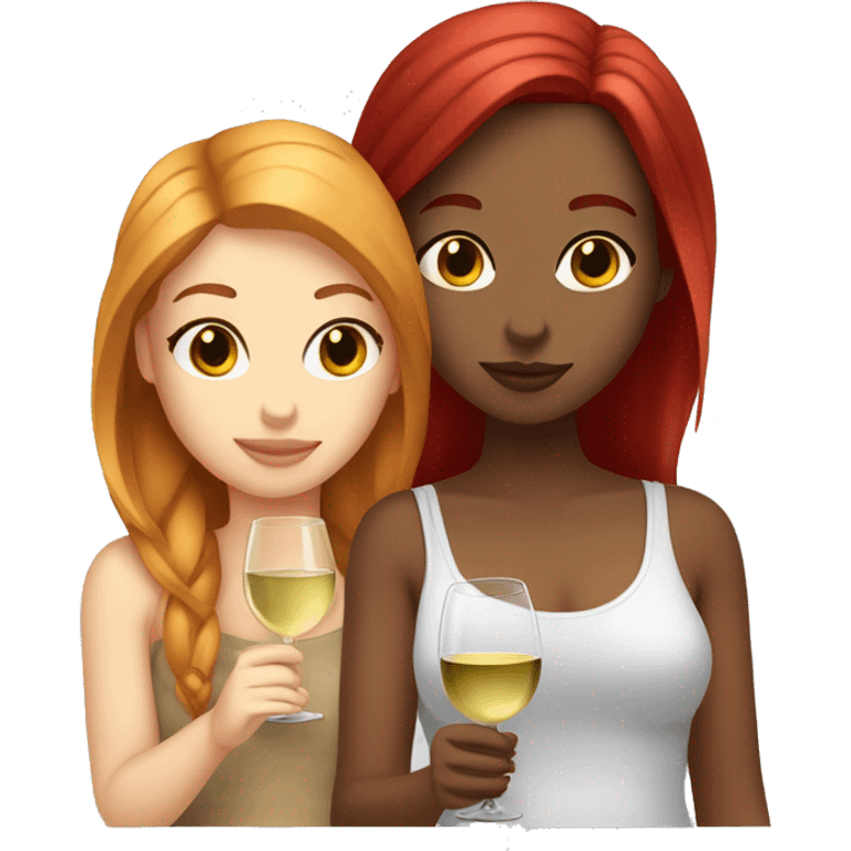 Two girl whit light skin one red hair and one gilr whit light skin one bordeaux hair drinking white wine emoji