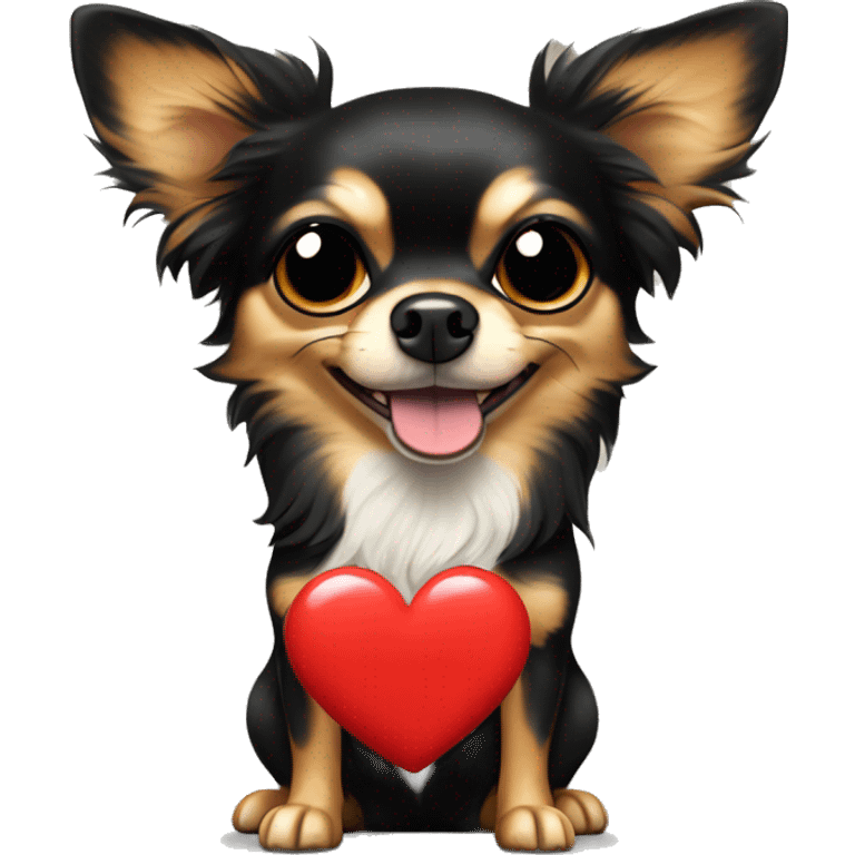 black and tan long-haired chihuahua holding big read heart emoji