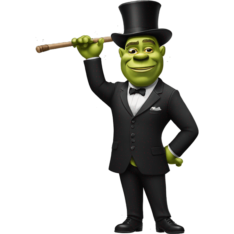 shrek with a 20th centry bowler, a cane, a luxury black suit and pants and waving emoji