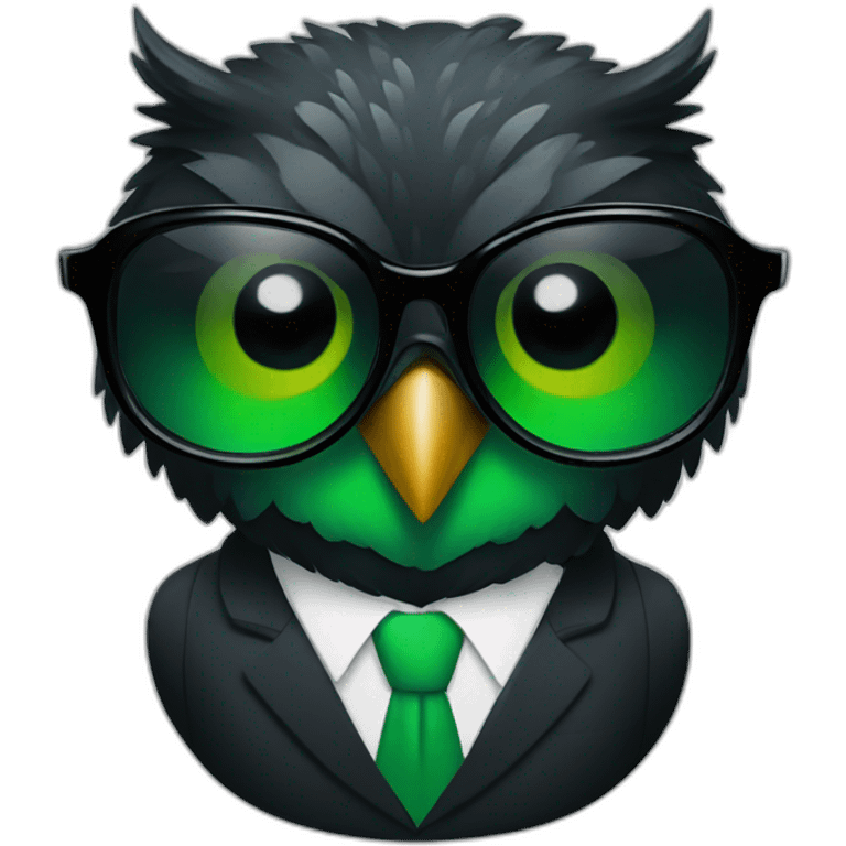 black and green owl in a suit with sunglasses emoji