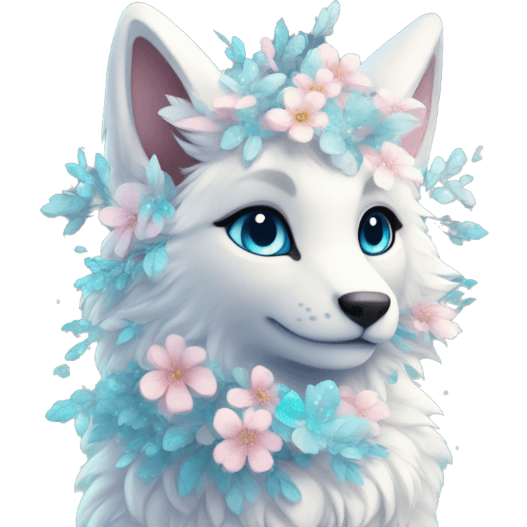 Anthro Cute Cool Kawaii gorgeous sparkly ethereal fantasy animal creature with blue eyes furry sona with flowers beautiful aesthetic emoji