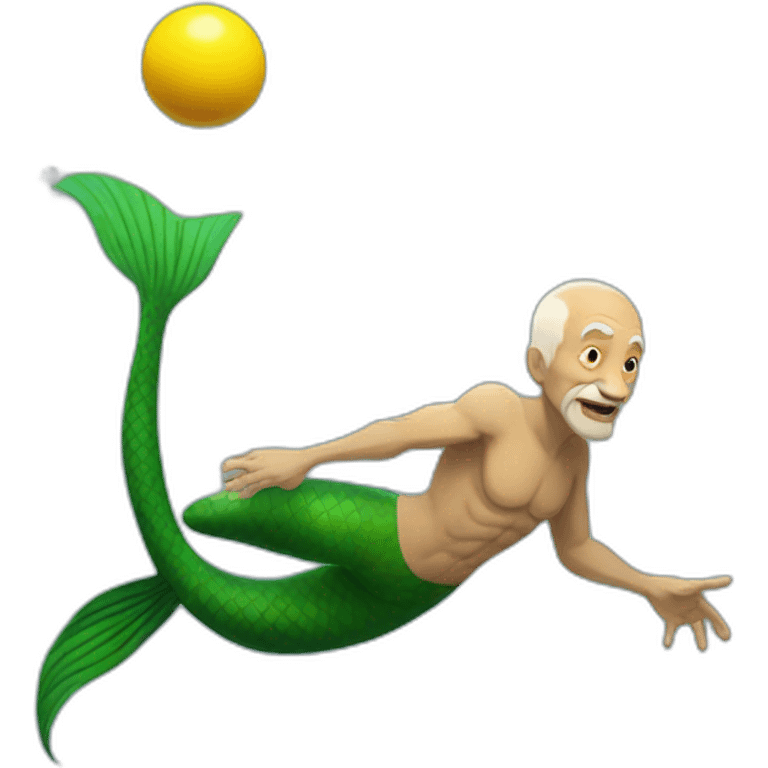 Underwater strong old man mermaid swimming, bold with no hair, holding a small yellow ball, winning enthousiasm emoji