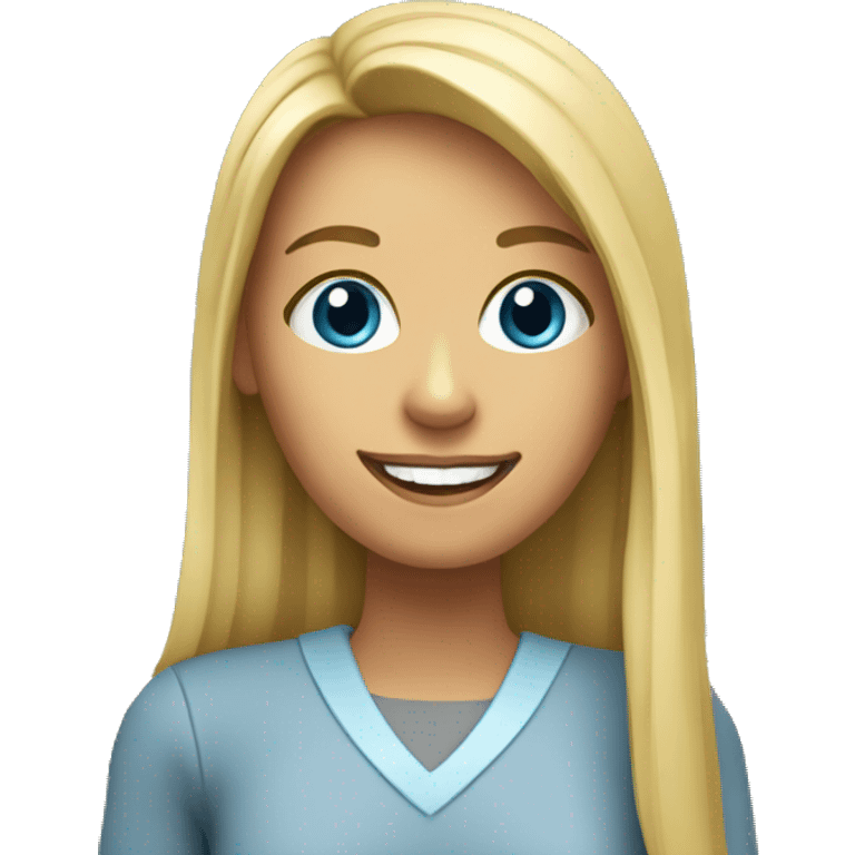 Create an emoji of a young blonde teacher, with long straigh hair, smiling, with pink mouth and a blue clothe emoji