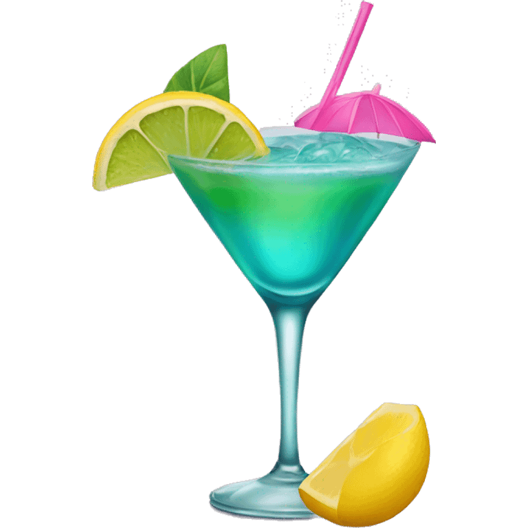 Bluish green cocktail with pink and yellow emoji