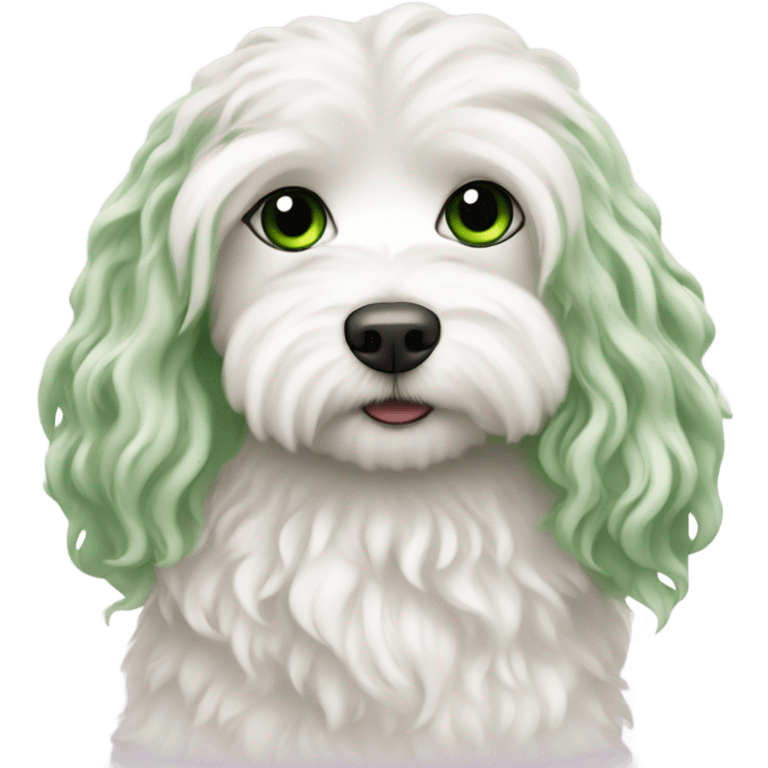 a long haired woman with green eyeshugging white maltipoo emoji