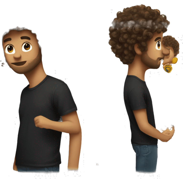 Make a emoji guy with messy fluffy curly brown hair and a black t shirt emoji