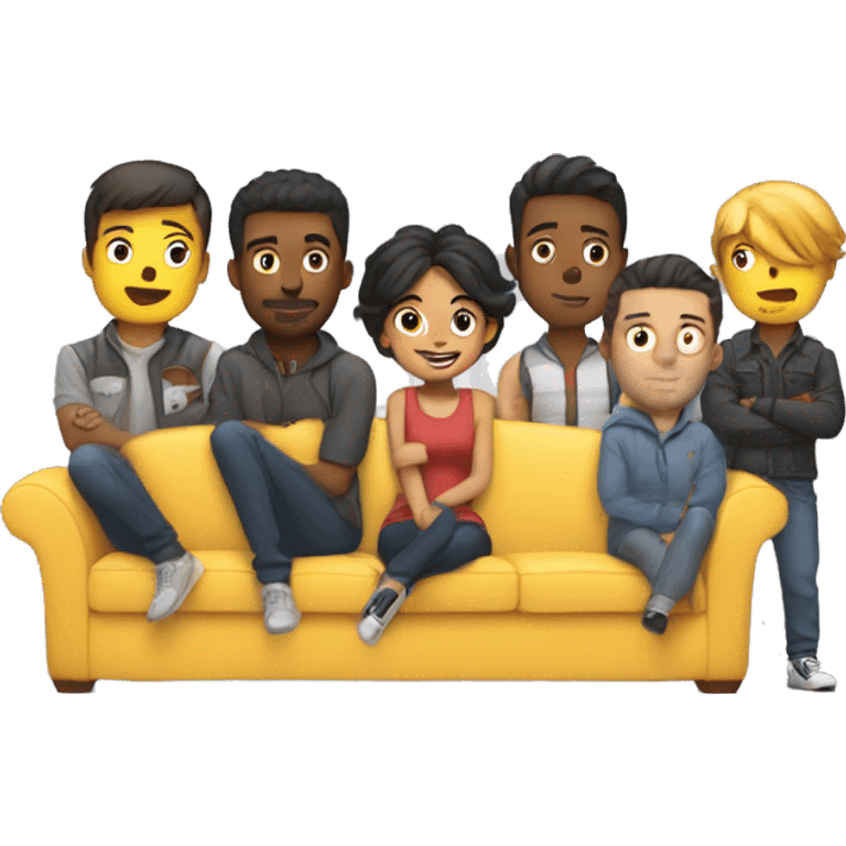 Cute girl on a couch with 6 guys standing behind her  emoji