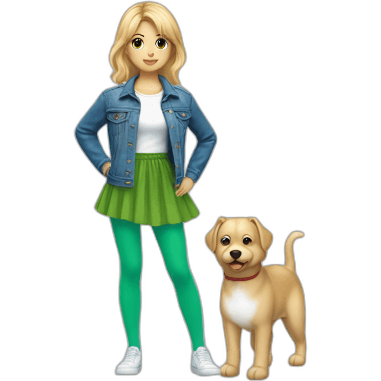 Blonde girl with bang and tail, in blue denim jacket, white T-shirt, green tights and elongated blue chiffon skirt emoji