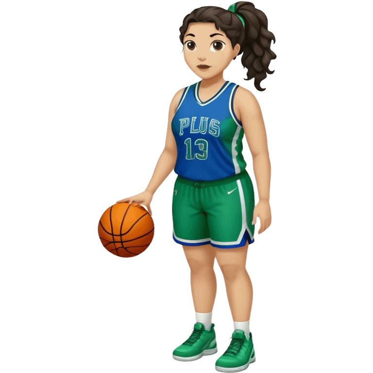 full body plus size light skin latino women basketball player with wavy dark hair in pony tail wide nose wearing blue with green uniform emoji