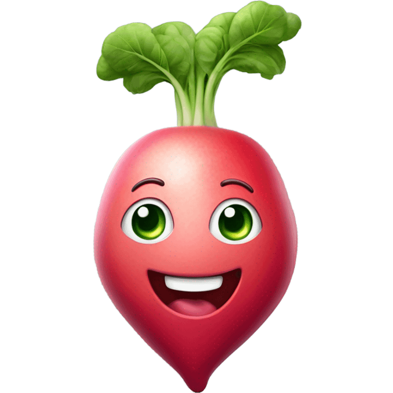 3d Smiling radish with big expressive eyes, rosy cheeks, and green leaves on top. Bright and cheerful cartoon style. emoji