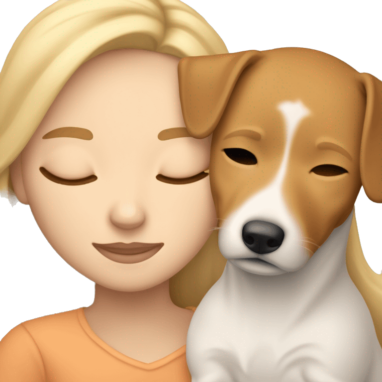 White blonde girl who sleeping in cuddle with her jack russel who is the face full light brown / light orange  emoji