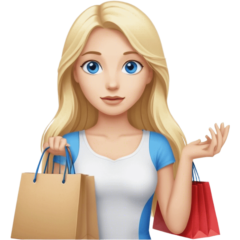 Cinematic realistic blonde with long hair, blue eyes goes shopping in her hands emoji