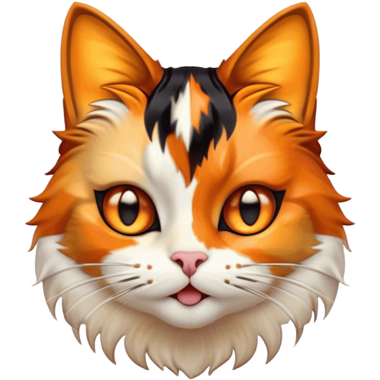 Cinematic Comical Calico Cat Portrait Emoji, Head tilted dramatically with an exaggeratedly surprised expression, showcasing a vibrant patchwork fur of orange, black, and white with wide, comically expressive eyes, simplified yet hilariously detailed, glowing with a sassy, golden radiance, high shine, exuding playful mischief and cheeky feline attitude, styled with a soft glowing outline, capturing the essence of a calico cat that looks ready to leap off the screen with mischievous flair! emoji