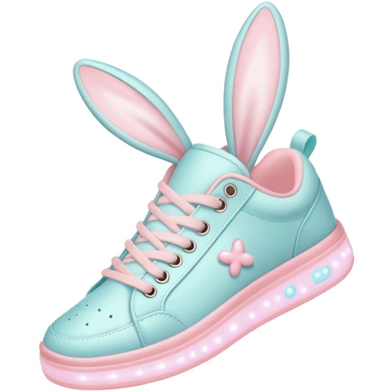 Cute Kawaii Shoe, small and bouncy, soft pastel sneakers with glowing highlights, cute sparkling eyes, a happy cheerful expression, laces tied like bunny ears! emoji