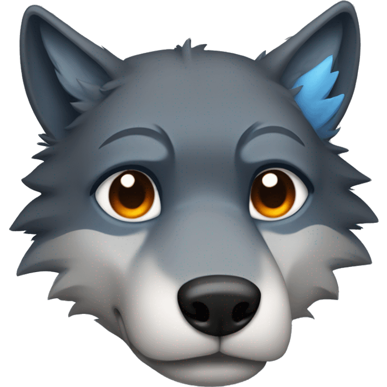 a blacky gray wolf furry head, with right ear orange and other ear blue, right eye blue and other eye orange, sad emoji