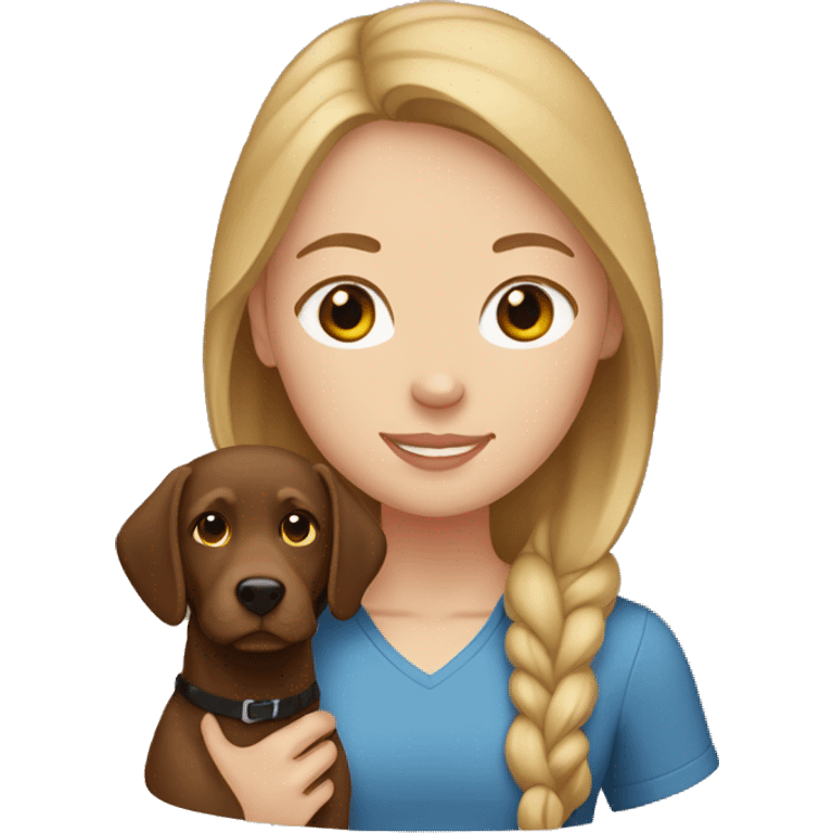 White girl with brown-blonde hair holding a brown Labrador  emoji