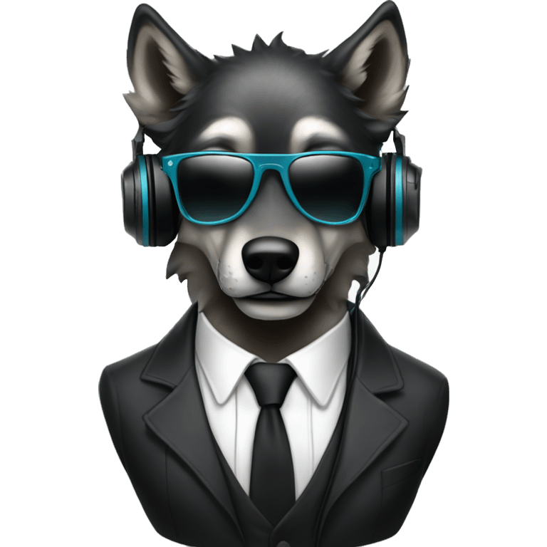 A beautiful cyberpunk Wolf black tie wearing sunglass and headphones emoji