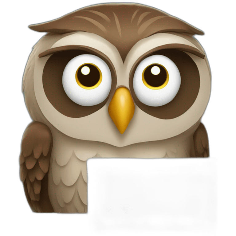 Sad tired owl is working on computer emoji