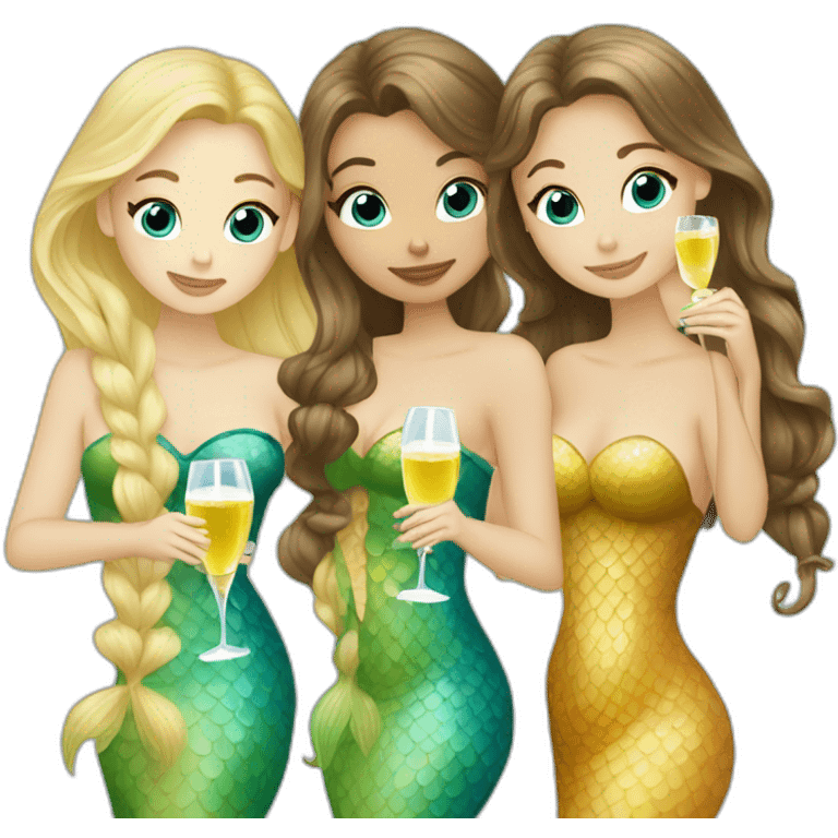 Three beautiful mermaids (two brown hair and blond one) drinking prosecco emoji