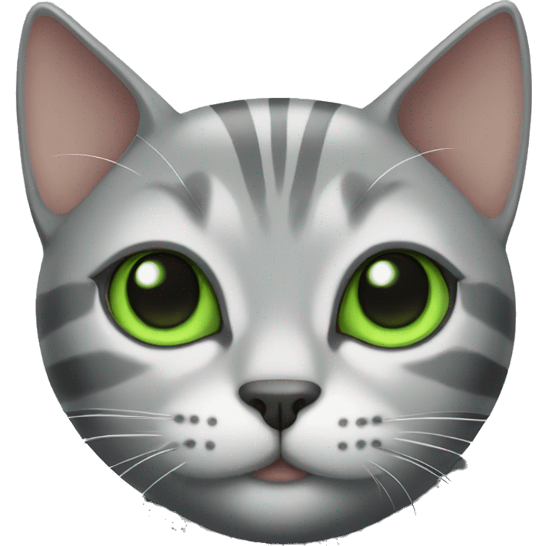 A striped grey cat with green eyes is lying emoji