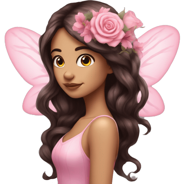 Beautiful, rose, fairy, pink, flowers in hair, long dark brown hair, big wings, fair skin emoji