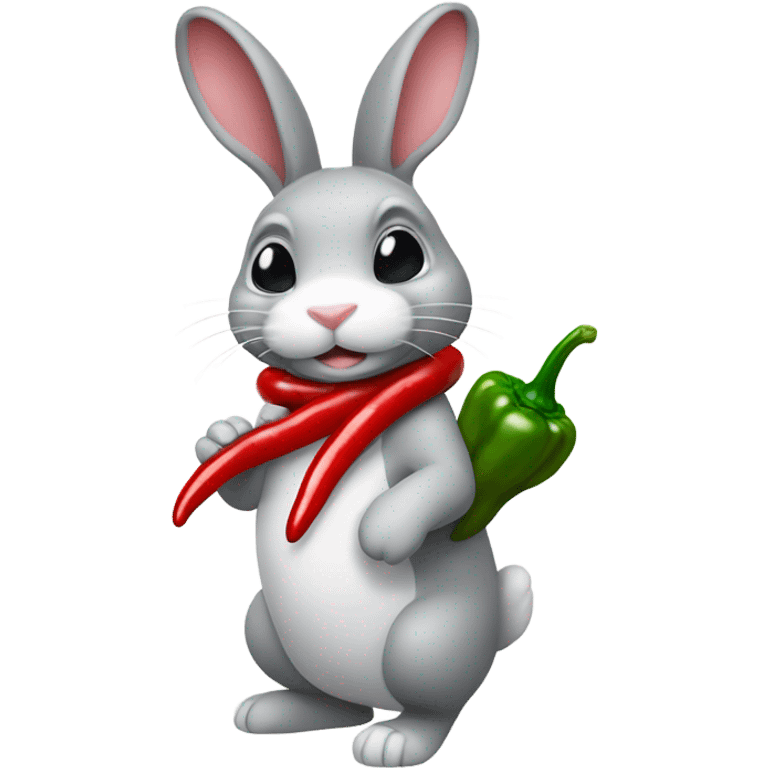 Gray and white rabbit holding a red chili pepper  emoji