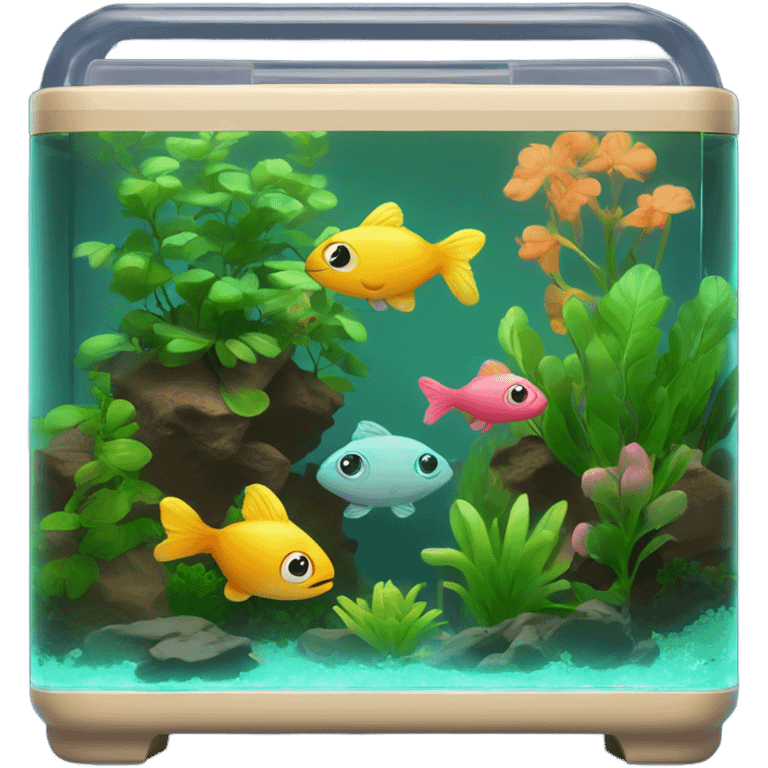 Rectangular fish tank, beige lid and wedgesk with plants inside  and cute fish in neon colors  emoji