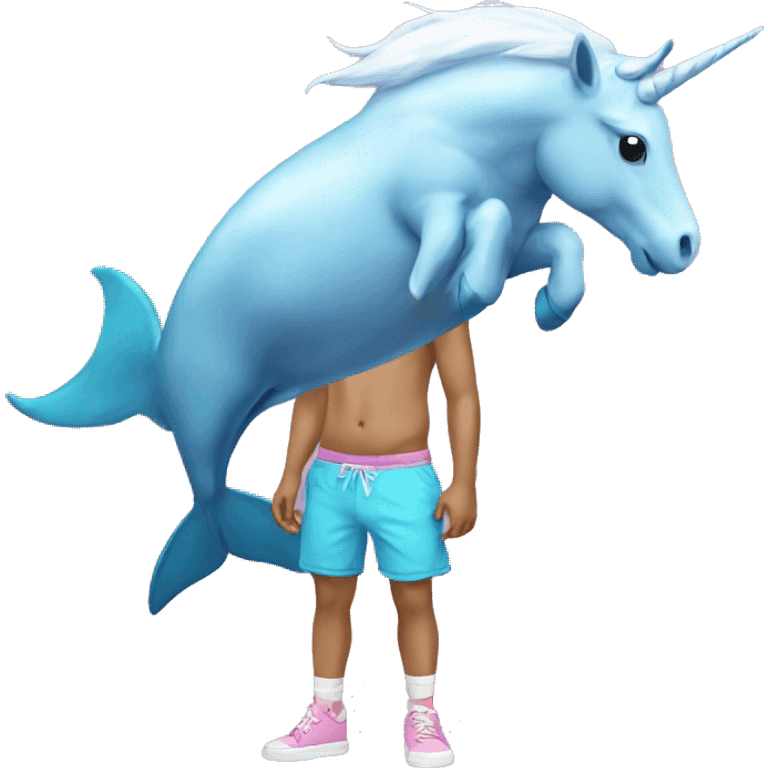 Unicorn wearing shorts with a dolphin  emoji