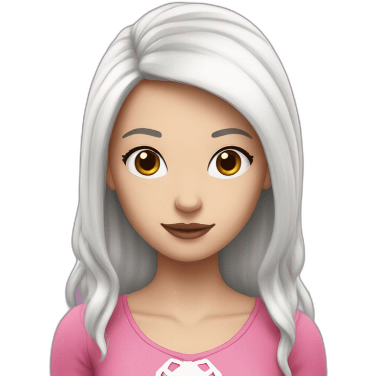 A white girl with black hair who looks like Spider-Man but wears pink and white emoji