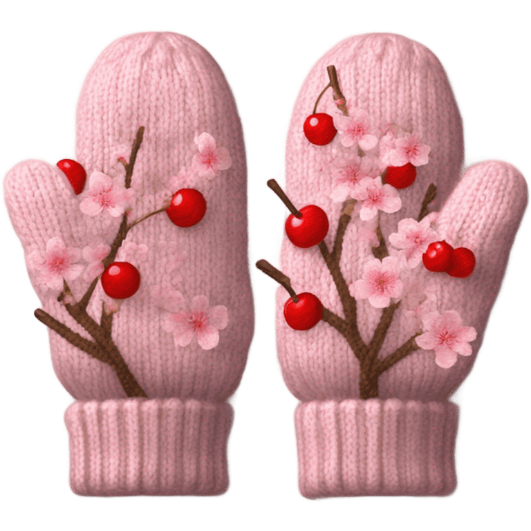 A pair of cozy knitted mittens with a cherry blossom design emoji