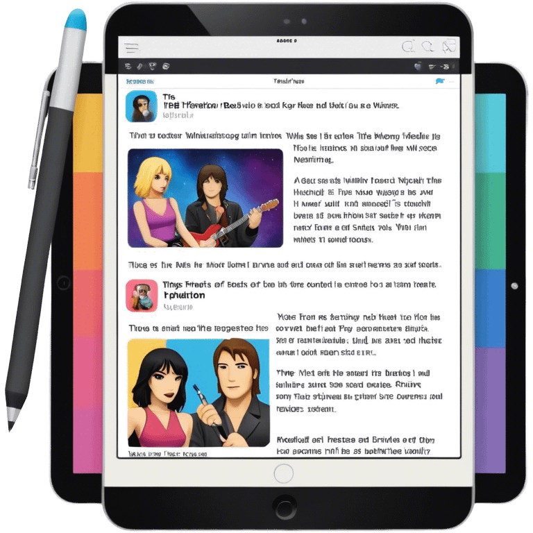 Create an emoji representing fanfiction writing. The design should feature a tablet with a screen displaying images of rock and movie stars, symbolizing the inspiration from popular culture. Next to the images, there should be visible text representing the fanfiction being written. A stylus should be placed near the tablet to emphasize the act of writing. Use a creative and expressive color palette with vibrant and neutral tones. Do not include any emojis or smiley faces. Make the background transparent. emoji