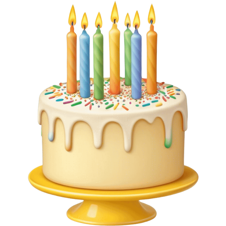 Realistic beige and white vanilla birthday cake with candles and rainbow sprinkles, on a yellow cake stand emoji