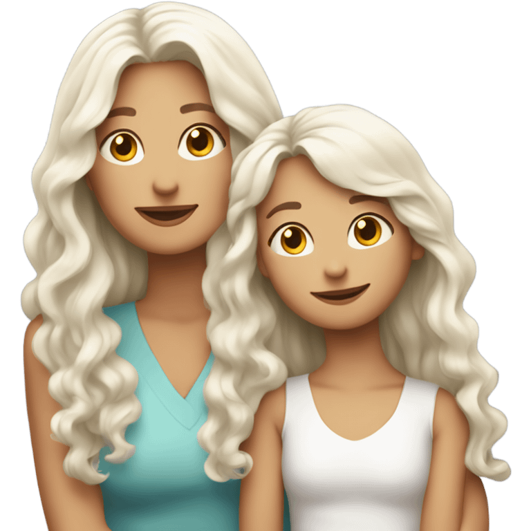 mum with straight long White hair and daughter with long curly brown and blonde hair hugging emoji