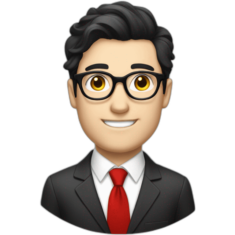 Man in a suit and red necktie with black side sweep hair, pale skin, black reading glasses, emoji