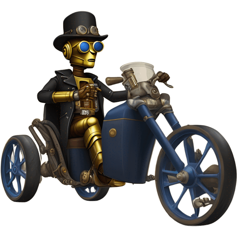 Old west Bounty hunter C-3PO Jedi wearing a pair of navy-blue rimmed steampunk goggles, hat, leather chaps, fringe jacket riding a relaxed 3 wheeler trike steampunk rat rod motorcycle with large fenders and saddlebags in desert town  emoji