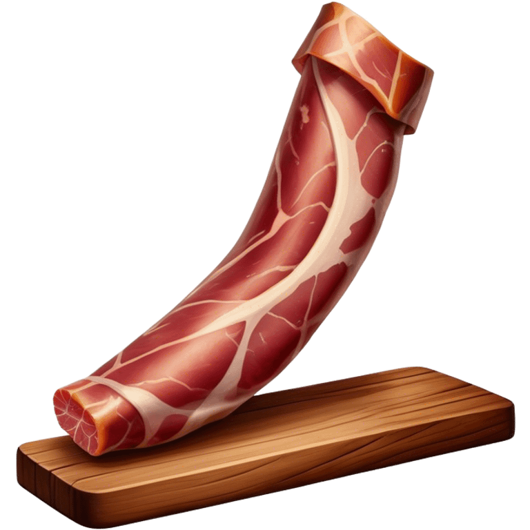 ​Cinematic Realistic Spanish Jamón Leg, depicted as a massive, cured leg of Jamón serrano (ham) with a deep reddish-brown hue, intricately marbled and slightly glossy with age, elegantly displayed on a rustic wooden stand and bathed in warm, soft lighting that accentuates its artisanal heritage, emoji