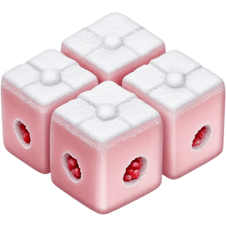 Cinematic Realistic Turkish Delight Dessert Emoji, featuring delicate, chewy confections dusted with powdered sugar rendered with vibrant textures and soft, inviting lighting. emoji