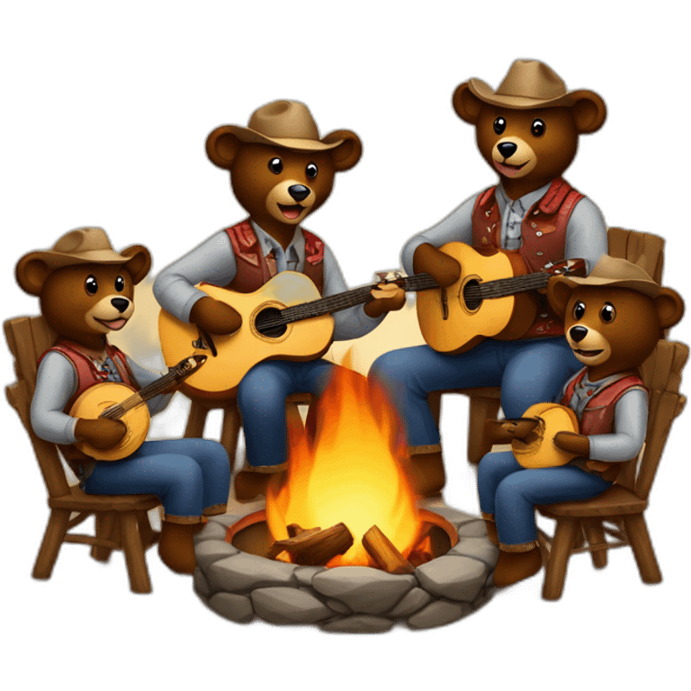 family of 5 bears in country western attire playing banjos sitting around a firepit emoji