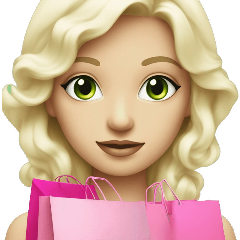 cute platinum blonde with green eyes wearing pink surrounded by pink shopping bags emoji