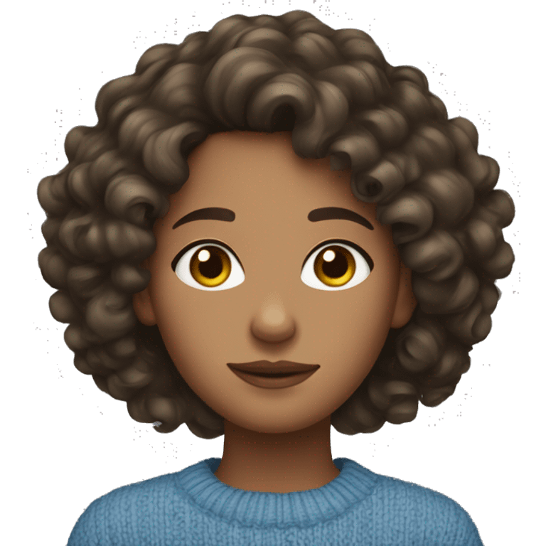 Brunette Girl wearing a blue sweater curly hair emoji