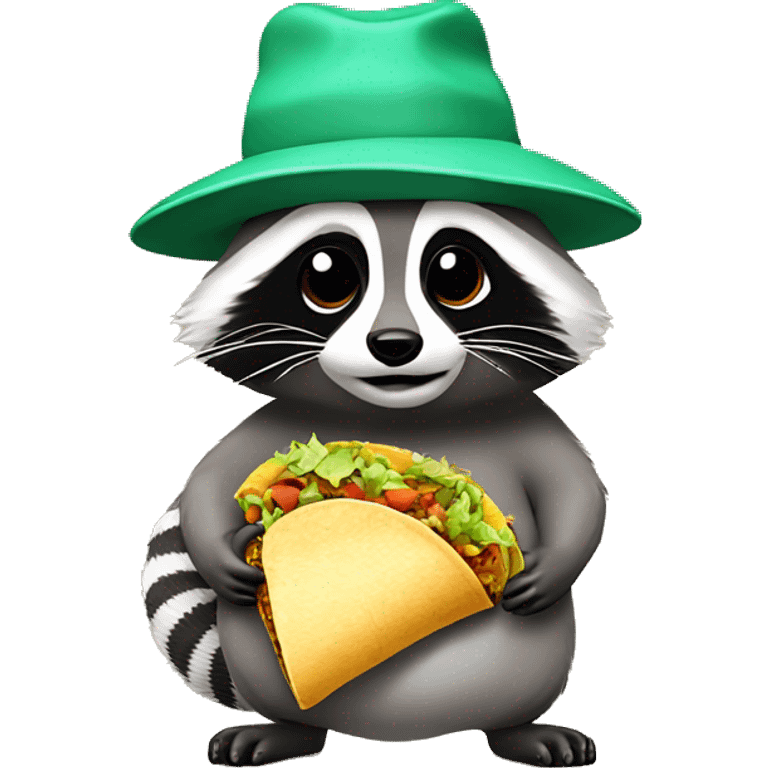 Fat raccoon eating taco wearing bucket hat emoji