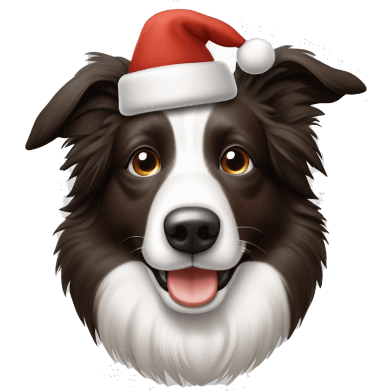 Bordercollie mit braunen und grauen stellen im weißen Gesicht. Spitze Ohren Ohren weis gesicht unterer Teil braun grau. Hat weihnachtsmütze auf  emoji