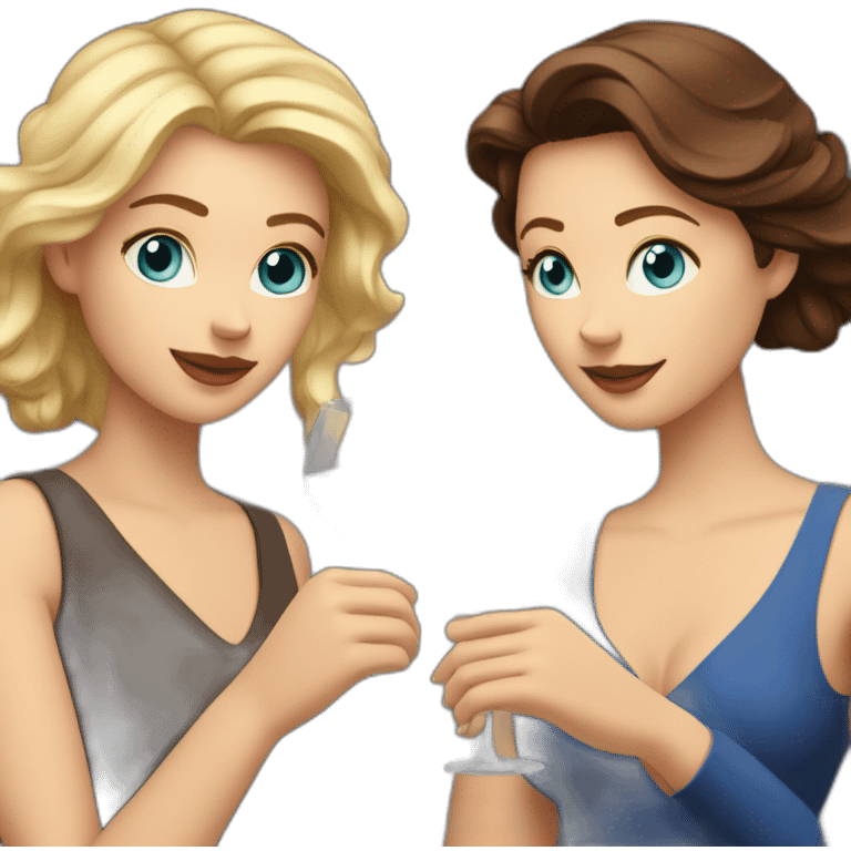 White woman with brown hair and brown eyes toasting with a red wine together with white woman with blond hair and blue eyes with red wine emoji