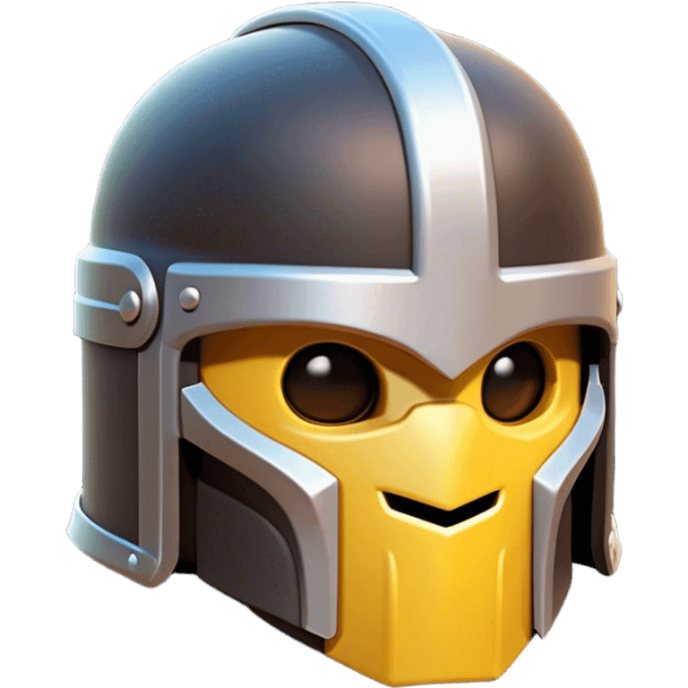 Clash of Clans aesthetic: Cinematic Playful 3D Isometric Helmet Emoji, rendered in a 3D vector-style similar to standard emojis with minimal shading and bold, simplified shapes. A compact, distinct form with signature details, softly glowing with a fantasy RPG magic charm. Simplified yet unmistakably iconic, highly detailed and consistent, glowing with a soft radiance and high shine. Stylized with a touch of heroic grandeur and a soft glowing outline, capturing the essence of a beloved gaming relic with a friendly, playful manner! emoji